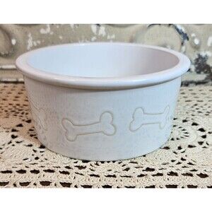 Vintage Ceramic Ivory Dog Food Dish Bowl w/ Etched Bones on the Sides